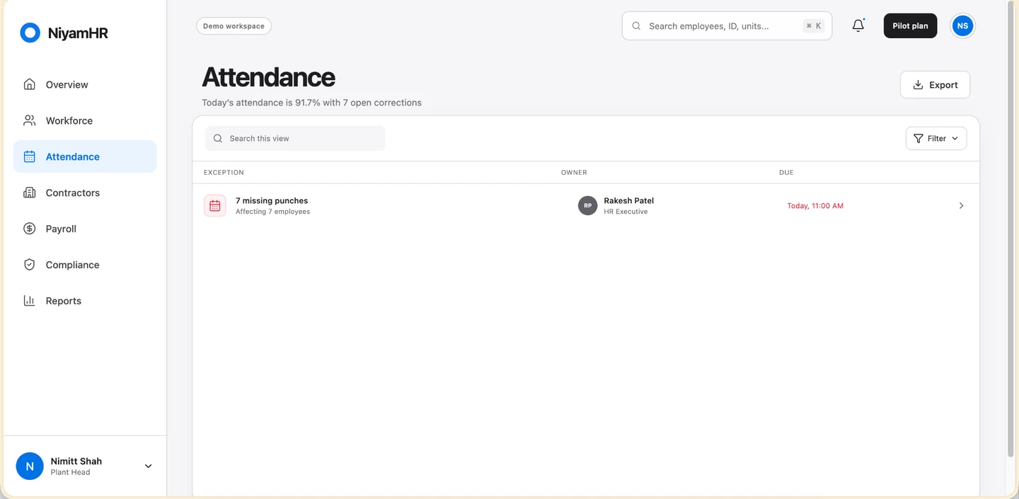 NiyamHR attendance and leave screen with live attendance percentage, open correction requests and named owners for each exception