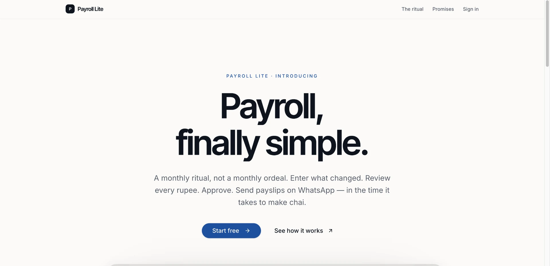 Payroll Lite dashboard preview — a simple payroll interface for small businesses in India showing the monthly payroll ritual, review and approval flow.